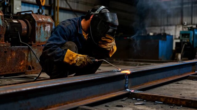 Experienced craftsman using stick welding producing powerful molten welds and thick smoke while fusing heavy steel beams in a rugged fabrication environment.