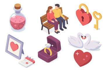 Romantic Icons Collection. Isometric vector illustration set of Romantic & Love: love potion bottle, couple on park bench, heart