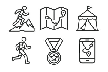 Ultra-Marathon Icons. Line style icons of ultra-marathons: mountain trail runner, long-distance race map, checkpoint tent icon,