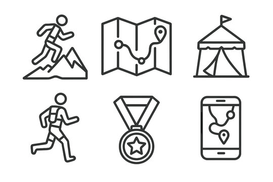 Ultra-Marathon Icons. Line style icons of ultra-marathons: mountain trail runner, long-distance race map, checkpoint tent icon,