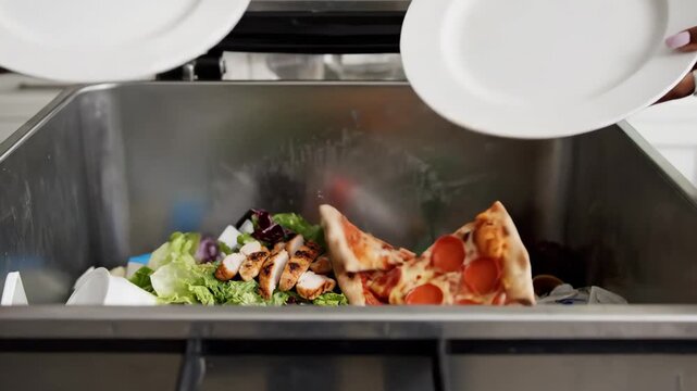 Two women discard perfectly good food into a trash bin, illustrating wasteful habits, environmental impact, and sustainability concerns. Concept of food waste, careless behavior, and global issue.