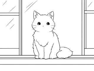Cat Sitting in Window - Line Art