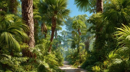 Sunlit tropical jungle path with lush green vegetation