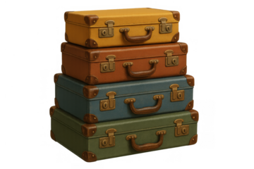 Vintage suitcases stacked for travel, showing colorful luggage baggage for vacation journey on transparent background