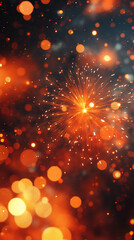 Obraz premium Bright orange fireworks bursting along the edge of the frame, glowing sparks and trails creating a dynamic, energetic, high-contrast celebratory atmosphere.