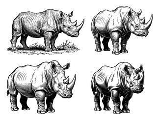 Obraz premium Rhinoceroses set in woodcut style in black and white