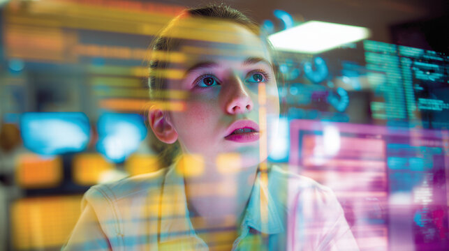 College student using artificial intelligence technology & machine learning. Interactive technology in classroom and office. Digital innovation & smart tech. AI blue hologram