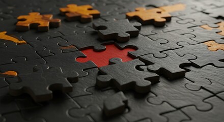 Dark jigsaw puzzle with missing pieces and red background for completion