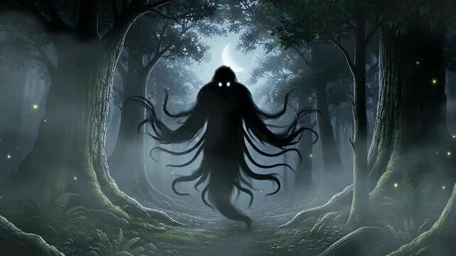 An ethereal, dark entity with glowing eyes and swirling, tentacle-like appendages emerges from the misty depths of a nocturnal forest. Bathed in the pale light of a crescent moon, the mysterious figur