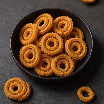 Murukku Chakli, crispy spiral deep-fried snack in matte bowl with highlighted ridged texture