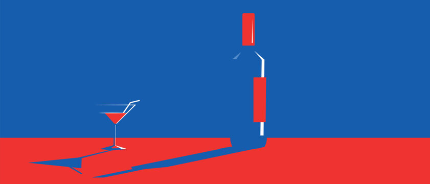 Minimal illustration of a bottle of alcohol and a glass for cocktails, contour image, flat design, shadows. Bar poster, wine list, alcohol menu, drink party, martini, cocktail, booze, drunkenness