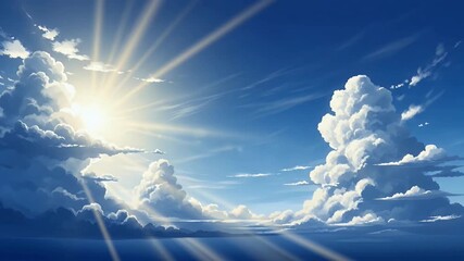 An idyllic, animated sky scene showcases a brilliant sun radiating golden light through fluffy white cumulus clouds against a vibrant blue backdrop. Sun rays pierce through the atmosphere, creating a  - Powered by Adobe
