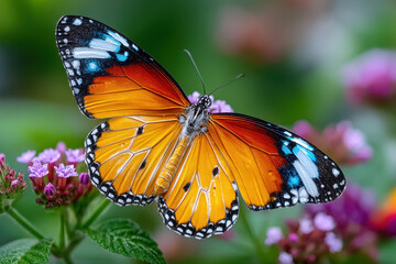 Fototapeta premium Colorful Butterfly with Open Wings on Purple Flowers