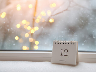 Winter scene with a calendar displaying December 12 against a blurred background of lights and falling snow