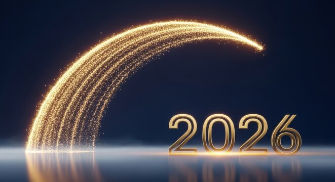 Golden 2026 numbers with a sparkling light trail forming an arch, symbolizing a bright new year and future on a dark blue background