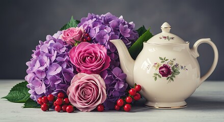 Elegant still life with tea pot roses hydrangeas and red berries