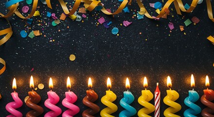 Festive birthday celebration background with colorful candles and confetti