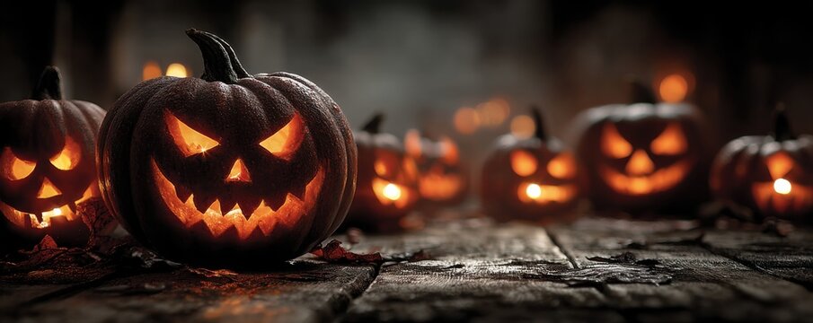 Glowing jack-o'-lanterns carved for Halloween on a rustic wooden table