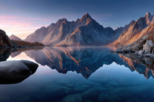Serene mountain lake reflection at sunset