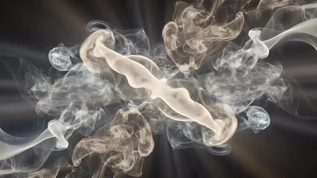 An mesmerizing abstract animation features ethereal, smoke-like formations gracefully swirling and expanding against a dark, contemplative background. Delicate tendrils of white, grey, and subtle beig