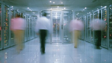 Modern data center corridor with blurred motion of staff walking