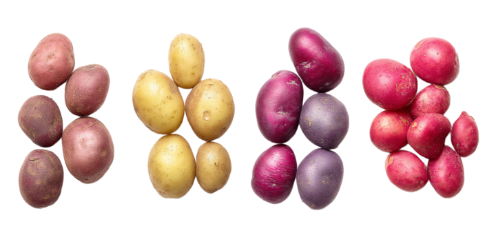 Different varieties of potatoes arranged in groups showcasing their colors and sizes on a plain background