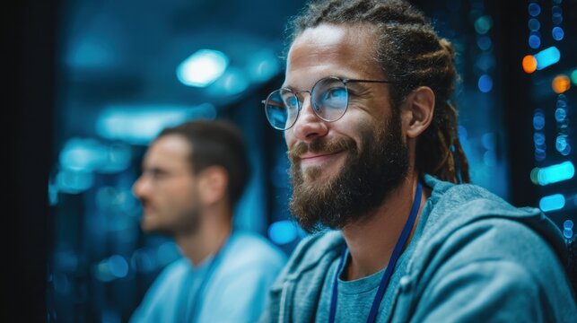 Smiling IT specialist working confidently inside advanced server room