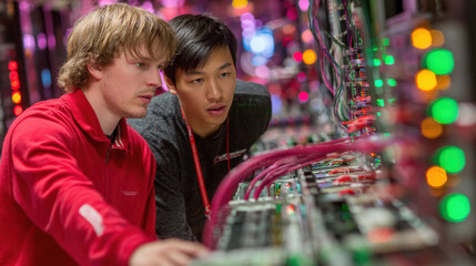 Focused engineers analyzing complex server connections and wiring