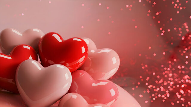 Glossy pink and red 3d hearts bunch with bokeh, romantic valentine day love balloon background, sweet candy texture wallpaper, copy space, wedding greeting card decoration, for banner, gift, fashion. - Powered by Adobe