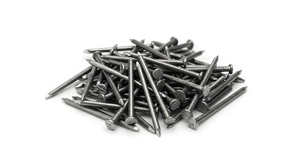 Pile of steel nails isolated on white background, essential hardware for construction and DIY projects
