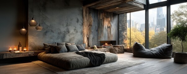Naklejka premium Modern bedroom with low platform bed, cozy fireplace, and panoramic city view through large windows