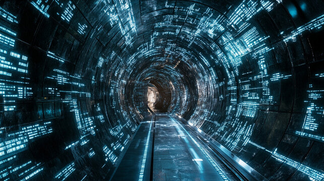 Abstract data encryption tunnel with flowing digital lines symbolizing security protected information hidden pathways and the movement of data through a secure encrypted virtual corridor - Powered by Adobe