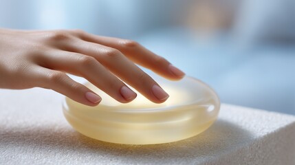 Hand interacts with translucent liquid-glass device on textured onyx, soft glowing interface. A hand gently interacting with sleek tech to convey trust.