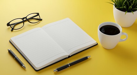 Open notebook on yellow background with coffee eyeglasses and pens workspace