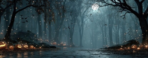 Eerie forest adorned with lit pumpkins under a moonlit sky