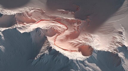 Aerial view of snowy mountain peak with unique red hue at sunrise