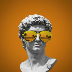 Sunny Vision: Classical Marble Bust Wearing Vibrant Yellow Sunglasses on Orange Background