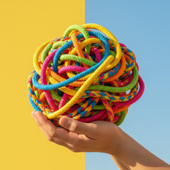Colorful Rope Sphere Held in Hand Against Vibrant Split Background