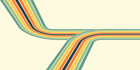 Fototapeta premium Retrofuturism poster design in trendy retro line style. Modern art poster retro vintage style 70s stripes background template lines shapes vector design.