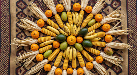 Vibrant harvest bounty arranged on ethnic textile. Perfect for Thanksgiving, autumnal festivals, and celebrating cultural traditions. Promotes themes of gratitude, abundance, nutrition.