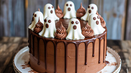 Chocolate cake with ghost-shaped decorations and glossy drip frosting on white stand with rustic background