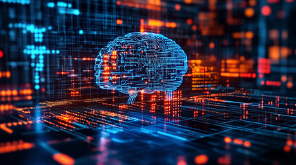 Glowing data streams flow into a digital brain on a dark background symbolizing artificial intelligence learning connectivity knowledge transfer and the fusion of human thought with technology
