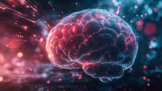Glowing data streams flow into a digital brain on a dark background symbolizing artificial intelligence learning connectivity knowledge transfer and the fusion of human thought with technology
