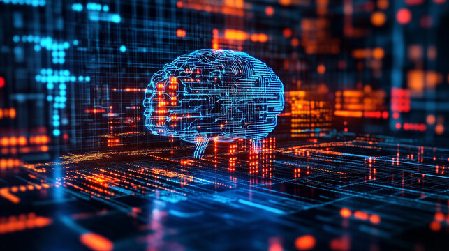 Glowing data streams flow into a digital brain on a dark background symbolizing artificial intelligence learning connectivity knowledge transfer and the fusion of human thought with technology
