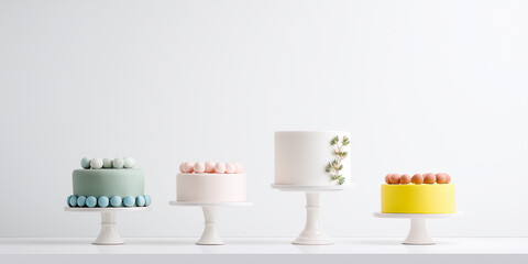 Colorful cakes displayed on pedestals showcase elegant designs and pastel hues in a modern setting