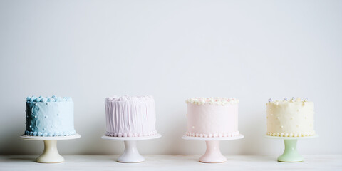 Colorful tiered cakes arranged on stands for a joyful celebration in a minimalist setting