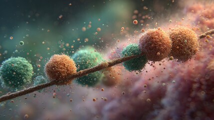 Microscopic organic structures resembling spores or cells adhere along a fibrous strand in a fluid environment