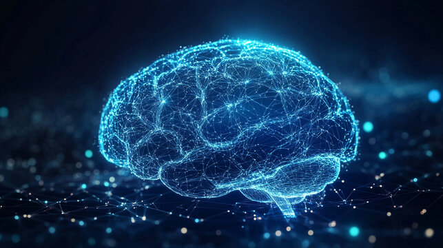 Glowing data streams flow into a digital brain on a dark background symbolizing artificial intelligence learning connectivity knowledge transfer and the fusion of human thought with technology
 - Powered by Adobe