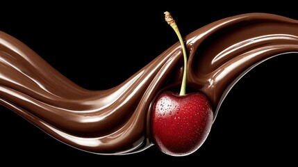 Sweet cherry and flowing chocolate sauce on black background