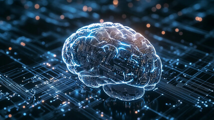 Glowing data streams flow into a digital brain on a dark background symbolizing artificial intelligence learning connectivity knowledge transfer and the fusion of human thought with technology
